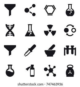 16 vector icon set : funnel, molecule, hex molecule, round flask, dna, flask, nuclear, quantum bond, fertilizer
