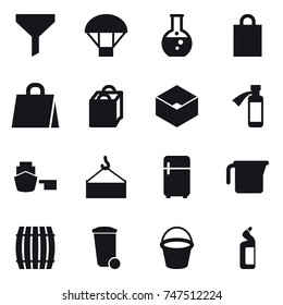 16 vector icon set : funnel, parachute, round flask, shopping bag, box, fridge, measuring cup, barrel, trash bin, bucket, toilet cleanser