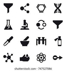 16 vector icon set : funnel, molecule, hex molecule, dna, flask, microscope, quantum bond