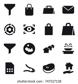 16 vector icon set : funnel, shopping bag, mail, around gear, eye identity, houses, fountain, walnut crack, housing
