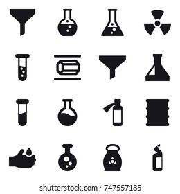 16 vector icon set : funnel, flask, nuclear, vial, nanotube, fertilizer, toilet cleanser