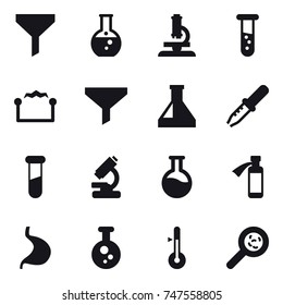 16 vector icon set : funnel, round flask, microscope, vial, electrostatic, thermometer, viruses