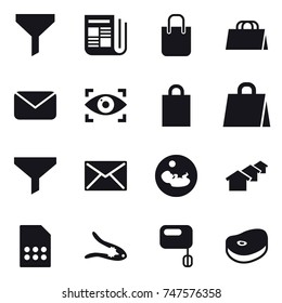 16 vector icon set : funnel, newspaper, shopping bag, mail, eye identity, houses, walnut crack