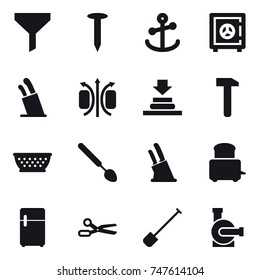 16 vector icon set : funnel, nail, safe, stands for knives, kolander, big spoon, knife holder, scissors, shovel, water pump