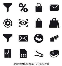 16 vector icon set : funnel, percent, shopping bag, mail, around gear, eye identity, houses, fridge, walnut crack