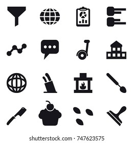 16 vector icon set : funnel, globe, report, diagram, graph, message, segway, cottage, stands for knives, fireplace, big spoon, chef knife, seeds, scraper