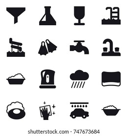 16 vector icon set : funnel, pool, aquapark, flippers, water tap, washing, kettle, rain cloud, sponge, soap, wiping, car wash, foam basin