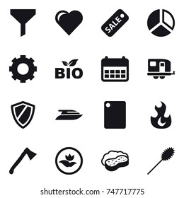 16 vector icon set : funnel, heart, sale, diagram, gear, bio, trailer, shield, yacht, cutting board, axe, ecology, sponge with foam, duster
