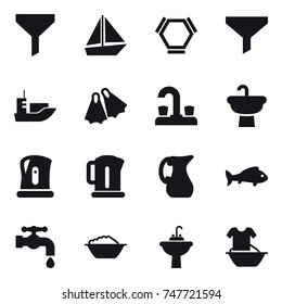 16 vector icon set : funnel, boat, hex molecule, flippers, water tap, kettle, jug, fish, foam basin, water tap sink, handle washing