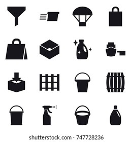 16 vector icon set : funnel, delivery, parachute, shopping bag, box, cleanser, bucket, barrel, sprayer