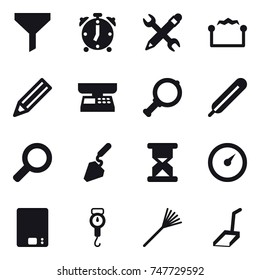 16 vector icon set : funnel, alarm clock, pencil wrench, electrostatic, pencil, market scales, magnifier, construction, barometer, kitchen scales, handle scales, rake, scoop