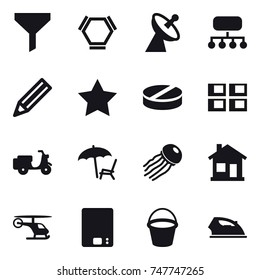 16 vector icon set : funnel, hex molecule, satellite antenna, structure, pencil, star, panel house, lounger, jellyfish, home, kitchen scales, bucket, iron