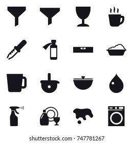 16 vector icon set : funnel, wineglass, hot drink, level, washing, cup, cauldron, drop, sprayer, dish cleanser, spot, washing machine