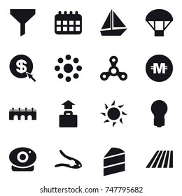 16 vector icon set : funnel, calendar, boat, parachute, dollar arrow, round around, spinner, crypto currency, bridge, baggage, sun, bulb, walnut crack, field