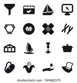 16 vector icon set : funnel, calendar, boat, monitor arrow, hex molecule, crypto currency, greenhouse, windsurfing, pan, corn, hand and drop, floor washing