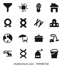 16 vector icon set : funnel, chip, bulb, home, medal, mansion, earth, lounger, pan, vacuum cleaner, hand mill, foam bucket