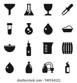 16 vector icon set : funnel, flask, wineglass, drop, washing, cauldron, measuring cup, barrel, cleanser, dish cleanser, toilet cleanser
