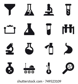 16 vector icon set : funnel, flask, microscope, vial, electrostatic, thermometer, viruses