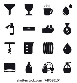 16 vector icon set : funnel, wineglass, hot drink, level, corkscrew, measuring cup, barrel, drop, sponge, cleanser, dish cleanser, liquid soap