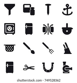 16 vector icon set : funnel, scales weight, nail, safe, fridge, colander, big spoon, big fork, knife holder, scissors, horseshoe, water pump