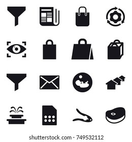 16 vector icon set : funnel, newspaper, shopping bag, around gear, eye identity, mail, houses, fountain, walnut crack