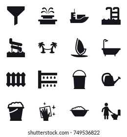 16 vector icon set : funnel, fountain, pool, aquapark, palm hammock, windsurfing, bath, radiator, watering, bucket, watering can, foam bucket, wiping, foam basin, toilet cleaning