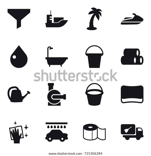 16 vector icon set : funnel, palm, jet\
ski, drop, bath, bucket, watering can, water pump, sponge, wiping,\
car wash, toilet paper, home call\
cleaning
