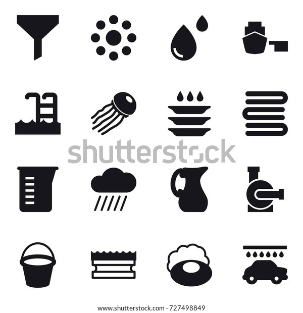 16 vector icon set :
funnel, round around, pool, jellyfish, plate washing, towels,
measuring cup, rain cloud, jug, water pump, bucket, sponge, soap,
car wash