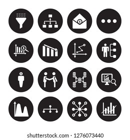 16 vector icon set : Funneling Data, Data analytics circular, flow, wave, Database Analysing, analytics, Dollar analysis bars isolated on black background