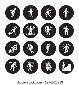 16 vector icon set : funny human, down drained drunk ecstatic disappointed free excited fantastic human isolated on black background