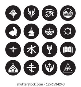 16 vector icon set : Ganesha, Christian, Christianity, Church, Commandments, Cao dai, Easter bunny, Cross, Diwali isolated on black background