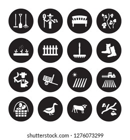16 vector icon set : Gardening tools, Cow, Duck, Egg, Farm, Cotton, Fertilizer, farmer, farming Fork isolated on black background