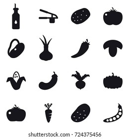 16 vector icon set : garlic clasp, hot pepper, mushroom, corn, eggplant, beet, pumpkin, tomato, carrot, potato, peas