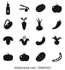 16 vector icon set : garlic clasp, hot pepper, mushroom, corn, eggplant, beet, pumpkin, tomato, potato, peas