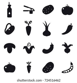 16 vector icon set : garlic clasp, hot pepper, mushroom, corn, eggplant, beet, tomato, carrot, potato, peas