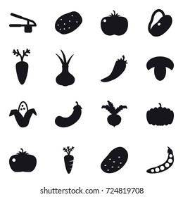 16 vector icon set : garlic clasp, hot pepper, mushroom, corn, eggplant, beet, pumpkin, tomato, carrot, potato, peas