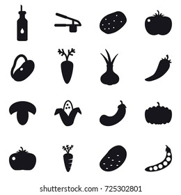 16 vector icon set : garlic clasp, hot pepper, mushroom, corn, eggplant, pumpkin, tomato, carrot, potato, peas
