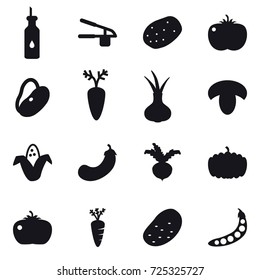 16 vector icon set : garlic clasp, mushroom, corn, eggplant, beet, pumpkin, tomato, carrot, potato, peas