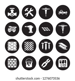 16 vector icon set : Gas pipe, Plier, Paint bucket, Birck Wall, Beam, Toolbox, Dumper, Paving, Tiles isolated on black background