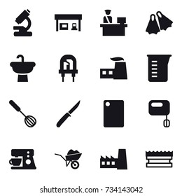 16 vector icon set : gas station, flippers, measuring cup, whisk, knife, cutting board, wheelbarrow, factory, sponge
