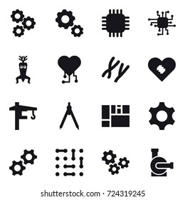 16 vector icon set : gear, chip, dna modify, cardio chip, tower crane, drawing compass, gears, water pump