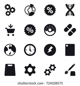16 vector icon set : gear, circle diagram, percent, dna, add to cart, donut, earth, watch, electricity, cutting board, toilet brush