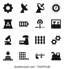 16 vector icon set : gear, satellite antenna, sun power, nuclear power, battery, laser, tools, factory, plow, harvester