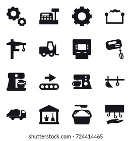 16 vector icon set : gear, cashbox, electrostatic, tower crane, atm, mixer, coffee maker, plow, trash truck, utility room, washing powder, hand dryer