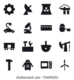 16 vector icon set : gear, satellite antenna, nuclear power, factory filter, electric car, bunker, repair tools, windmill