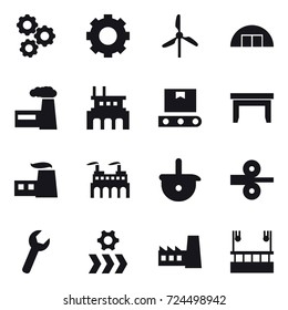 16 vector icon set : gear, windmill, hangare, factory, table, skyscapers cleaning