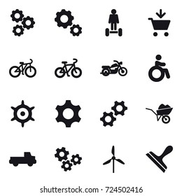 16 vector icon set : gear, hoverboard, add to cart, bike, motorcycle, invalid, handwheel, wheelbarrow, pickup, gears, windmill, scraper