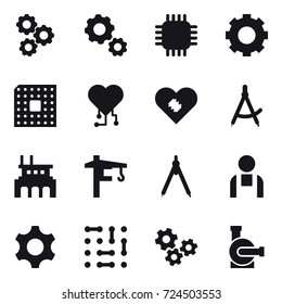 16 vector icon set : gear, chip, cpu, cardio chip, draw compass, factory, tower crane, drawing compass, gears, water pump