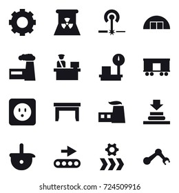 16 vector icon set : gear, nuclear power, laser, hangare, factory, power socket, table