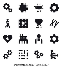 16 vector icon set : gear, chip, dna modify, cpu, cardio chip, factory, gears, water pump
